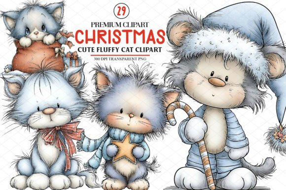 Cute Christmas Fluffy Cat Clipart for Graphics and Illustrations