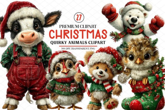 Quirky Christmas Animals Clipart: A Festive Embroidery Delight